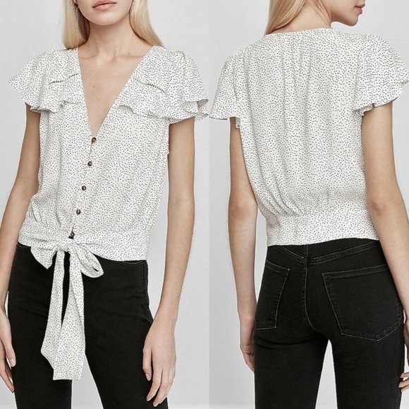 *NEW WITH TAGS* Polka Dot Flutter Sleeve Tie-Front Blouse by Express - Size XS - Picture 3 of 16